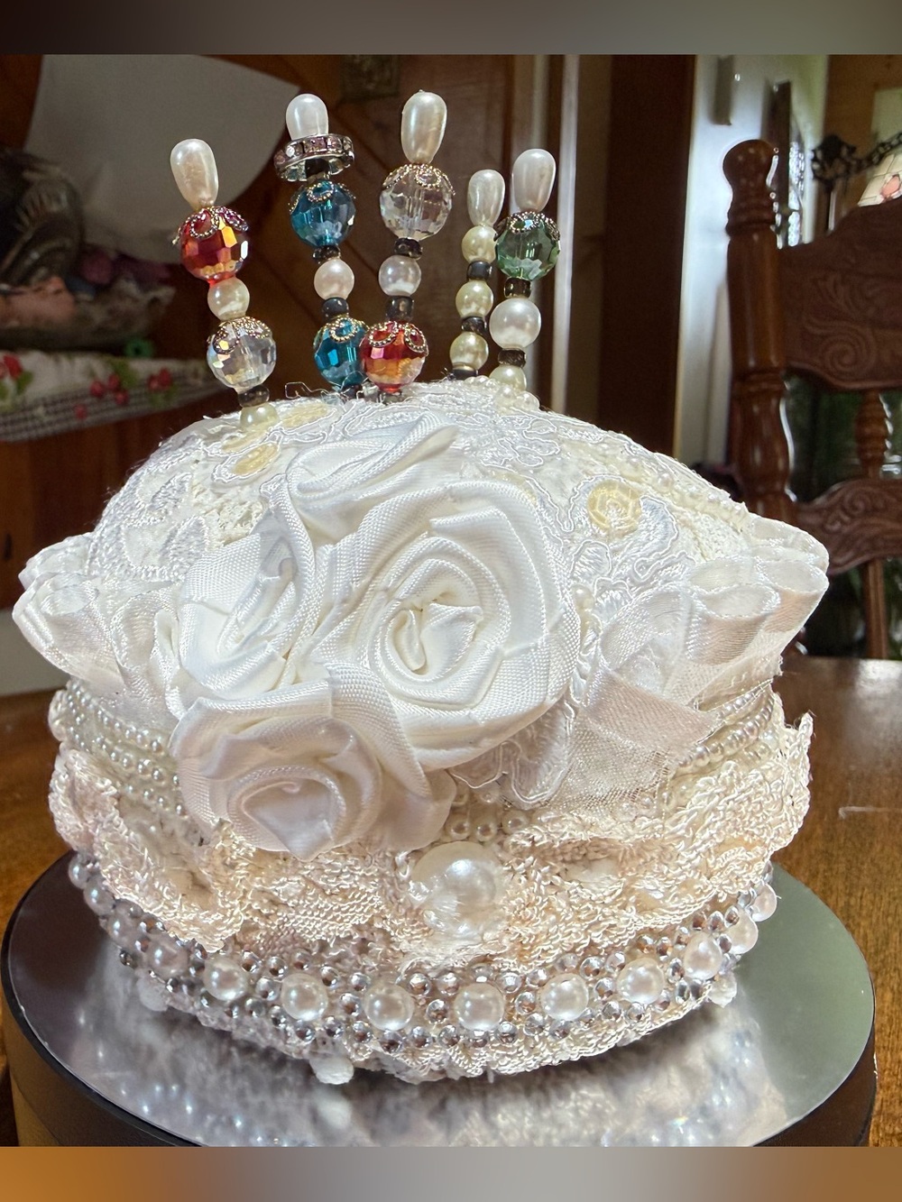 Elegant Cream Bridal Pin Cushion with Pearl and Lace Accents